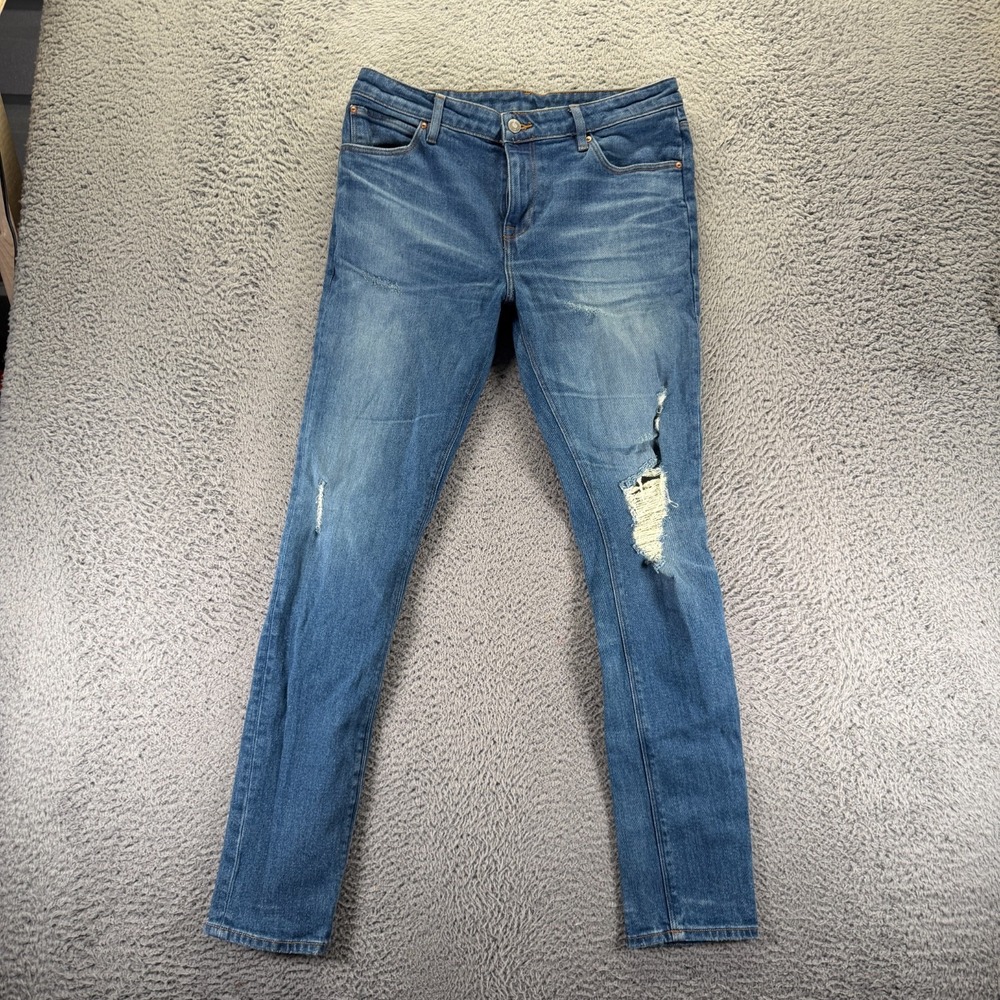 Asos Jeans Mens 34x32 Blue Cotton Denim Skinny Faded Distressed Stretch Workwear